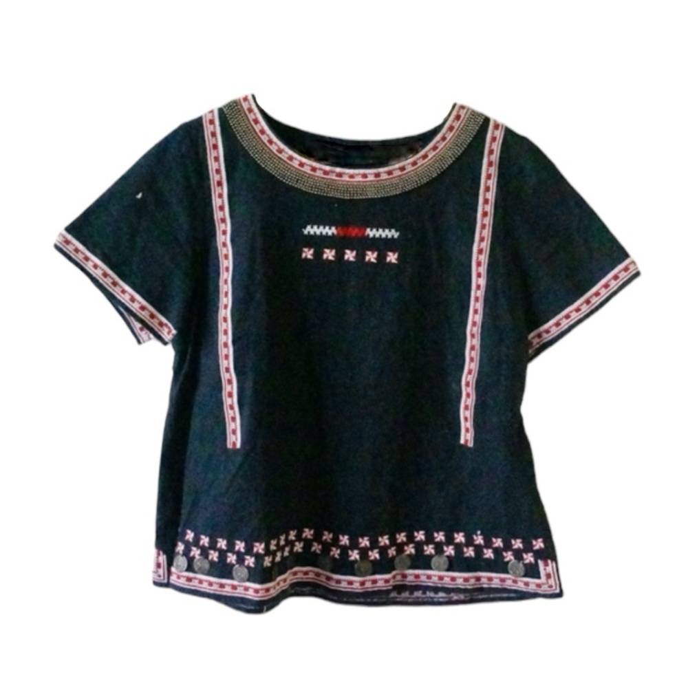 AU Flannel Short Sleeve Embroidered & Coin Beaded Top
